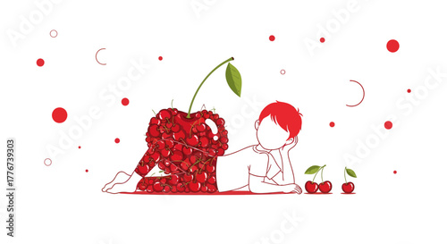 A Young Individual Lounging Next To A Giant Cherry Creature In A Whimsical Design