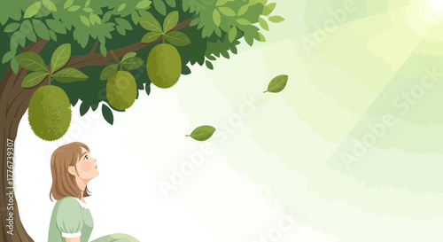 A Young Woman Gazing Upward Beneath a Fruit-Bearing Tree in a Sunlit Scene