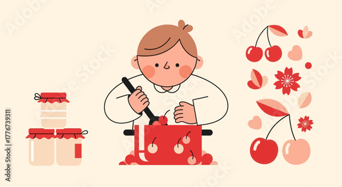 Chef Prepares Homemade Cherry Preserves in Adorable Flat Illustration Style