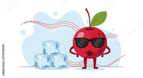 Cool Cherry Character Wearing Sunglasses Posing Next To Ice Cubes With Leaf.