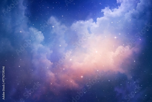 Colorful starry night sky with bright blue pink and white nebula clouds