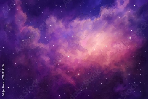 Colorful starry night sky with bright blue pink and white nebula clouds
