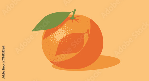 Abstract Illustration of an Orange Fruit with a Leaf on an Orange Background