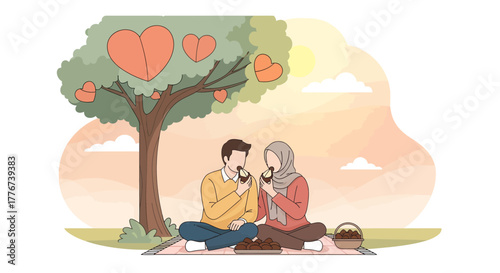 Couple Enjoying Picnic Under Love Tree, Romantic Moment and Happiness Concept