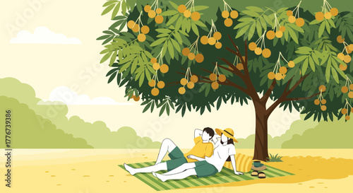 Couple Relaxing Under A Fruit Tree, Enjoying The Calm Atmosphere During The Day