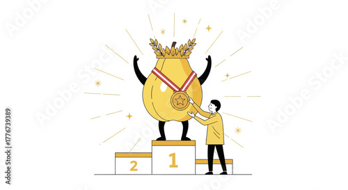 Achievement Celebration With Person Awarding A Gold Medal To Champion Pear Cartoon