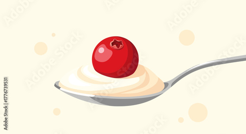 Cranberry Dessert Illustration: A Spoonful Of Cream And A Vibrant Red Fruit Displayed