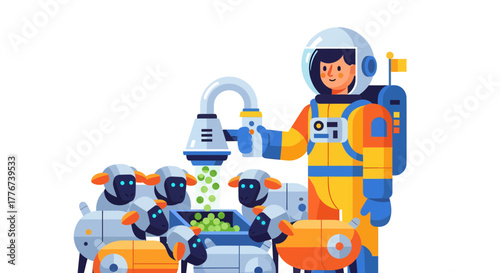 Astronaut Collecting Futuristic Sheep Produce in Space With Unique Scientific Equipment