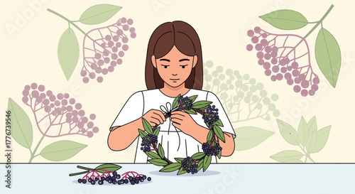 Creating a Floral Crown: A Person Beautifully Arranging a Wreath of Flowers and Berries