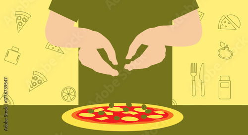 Creating Delicious Dishes: An Illustration of Pizza Preparation and Fresh Ingredients