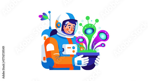 Astronaut Cultivating Alien Flora: A Surreal and Whimsical Illustration