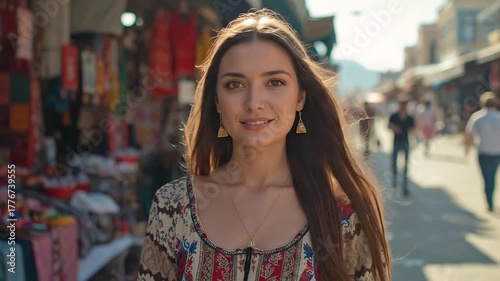 Wallpaper Mural Cheerful Young Woman with Long Hair Poses in a Vibrant Outdoor Market, Surrounded by Colorful Stalls and Shoppers, Capturing a Lively Travel Experi... Torontodigital.ca