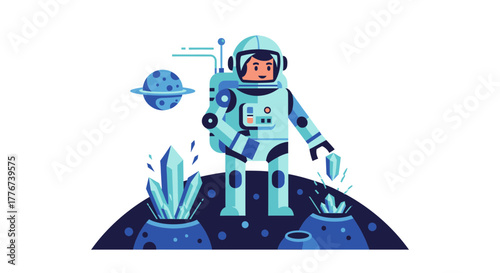 Astronaut Exploring Planetary Surface And Mining Crystals In A Vibrant Illustration