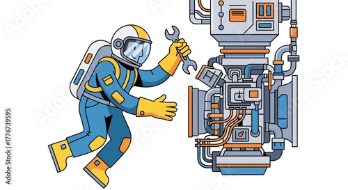 Astronaut Mechanic Repairs Complex Machinery In Space Station With Wrenches Tools