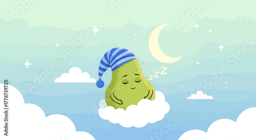 Avocado In A Sleep Cap Dreaming Amongst the Clouds Beneath the Moon And Stars
