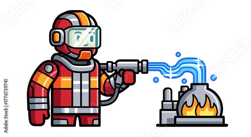 Brave Firefighter Wielding Water Cannon Extinguishing Flames Of Burning Industrial Equipment
