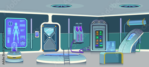 Scientific laboratory. Underground research lab with cryogenic equipment. Recovery and regeneration, industrial medical equipment, scientist's workstation. Sci-fi, retrofuturism, vector cartoon.
