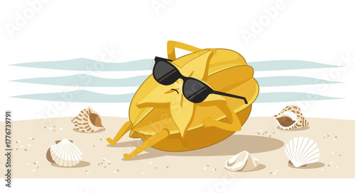 Cartoon Carambola Relaxing on the Beach Wearing Sunglasses and Enjoying Summer