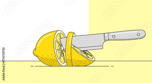 Creative Lemon Slice and Knife Illustration for Food Preparation and Freshness Concept