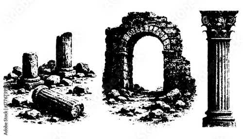 Ancient ruins set, xerography halftone photocopy art, black and white architecture collection, isolated on transparent background