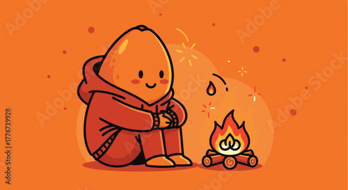Cute Cartoon Character Enjoying Warmth By a Cozy Campfire on a Bright Orange Background