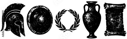 Ancient greek warrior elements set, xerography halftone art, vintage photocopy illustration, isolated on transparent background