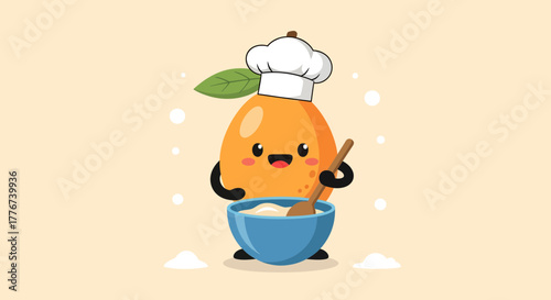 Cute Cartoon Fruit Chef Preparing Food with Bowl and Spoon in Graphic Illustration