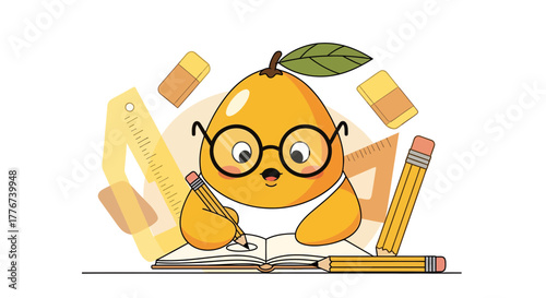 Cute Cartoon Character Studying With Pencils, Erasers, and Rulers For School