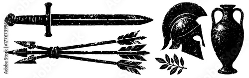 Ancient greek warrior elements set, xerography halftone minimal art, vintage photocopy illustration, isolated on transparent background