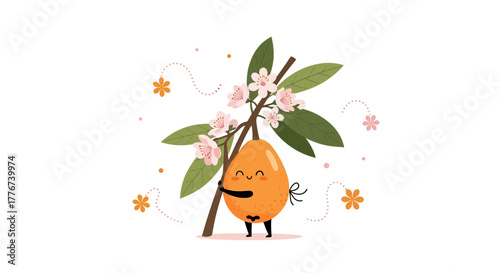 Cute Cartoon Loquat Character Hugging Blossoming Branch In A Cheerful Artistic Style
