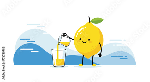 Cute Cartoon Lemon Pouring Lemonade Into A Glass With Blue Background Design