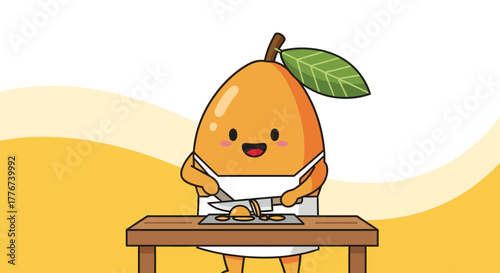 Cute Cartoon Mango Character Preparing Food on a Wooden Table Vector Illustration
