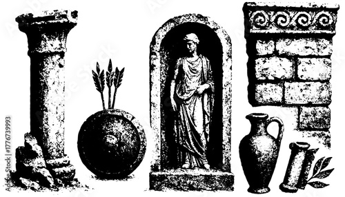 Ancient greek architecture and relics set, xerography halftone art, vintage photocopy illustration, isolated on transparent background