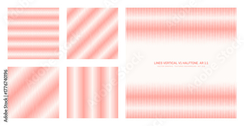 Assorted vector vertical lines light red halftone pattern set in square 1:1 aspect ratio including faded frame and various striped textures. Different half tone graphic design elements collection