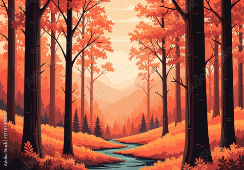 Stylized autumn forest scene with a winding stream and orange foliage