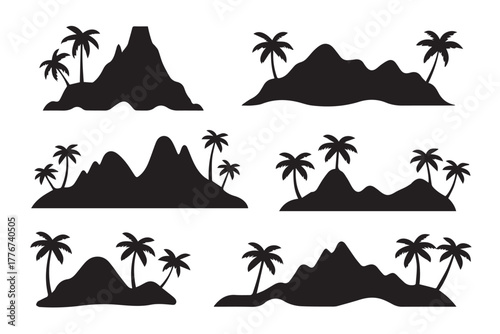 tropical mountain silhouette palm trees island coastline vector set