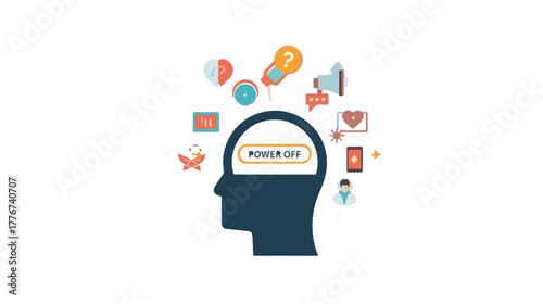 Flat Design Illustration of Mental Wellbeing Concept with Head and Power Off	