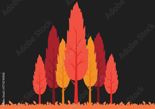 Stylized tall columnar trees in fiery autumn colors against a dark background