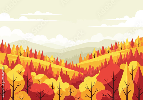 Vibrant autumn forest landscape with rolling hills and layered background mountains