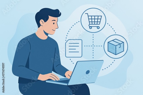 Online Shopping and Delivery Concept with Man on Laptop