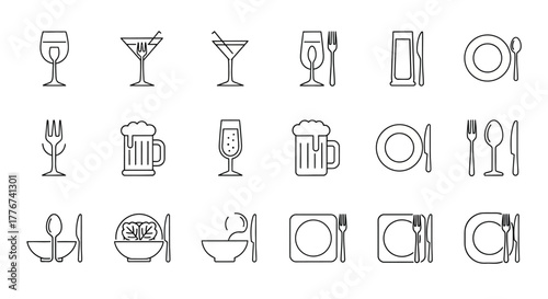 Collection of Black and White Line Art Icons Depicting Various Food and Drink Items.