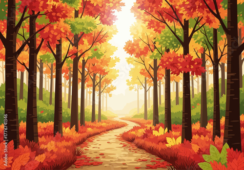 Winding forest path flanked by tall trees displaying vibrant autumn foliage