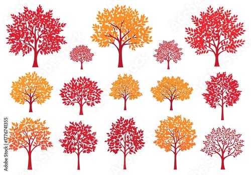 A seamless pattern of stylized autumn trees in red and orange hues