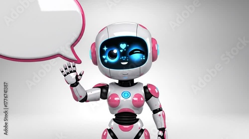Friendly pink robot waving with blank speech bubble for your message