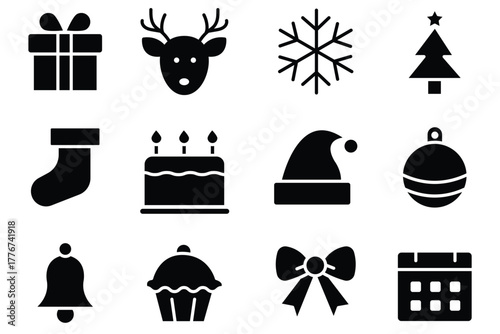 Christmas Doodle Icons . Hand-Drawn Winter Holiday Elements. Elegant Holiday Symbols. Collection of Christmas icons.