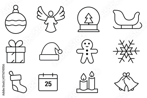 Christmas Icons Set . Flat Festive Holiday Vector Pack. modern thin stroke style.