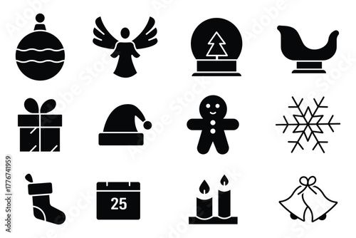 Christmas Doodle Icons . Hand-Drawn Winter Holiday Elements. Elegant Holiday Symbols. Collection of Christmas icons.