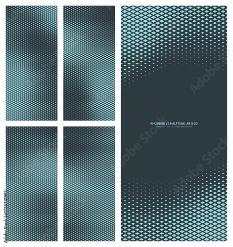 Assorted vector rhombus grid cyan black halftone pattern set in vertical 9:20 aspect ratio including faded frame and various smooth blurred textures. Varied half tone graphic design elements pack
