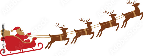 Santa claus riding in a sleigh pulled by reindeer across a white background during christmas season