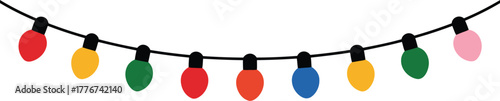 A string of colorful festive christmas lights in various vibrant colors hanging on a dark wire against a white background